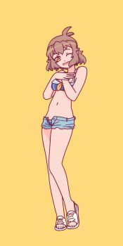 1girl ;d absurdres alternate_costume antenna_hair bikini blue_bikini blue_shorts breasts brown_eyes brown_hair commentary full_body hands_on_own_chest highres irielewd kawaii_kaiwai looking_at_viewer navel one_eye_closed open_fly open_mouth sandals senki_zesshou_symphogear short_hair short_shorts shorts smile solo swimsuit tachibana_hibiki_(symphogear) white_sandals yellow_background