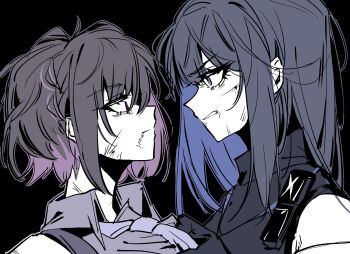 Rule 34 | absurdres, arikalovesyou2, black hair, blue archive, blue hair, highres, injury, long hair, looking at another, necktie, purple hair, saori (blue archive), shirt, short hair, subaru (blue archive)