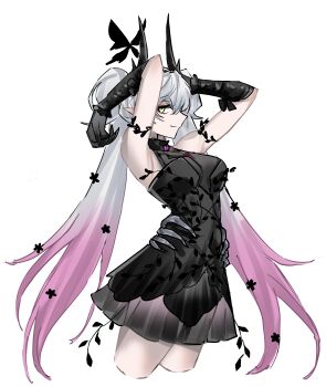 1girl absurdres armpits arms_up bare_shoulders black_dress black_hands body_markings breasts colored_extremities commentary crossed_bangs demon_girl demon_horns detached_sleeves dress earrings english_commentary fate/grand_order fate_(series) green_eyes grey_hair hair_between_eyes highres horns jewelry lilith_(celebratory_attire)_(fate) lilith_(fate) long_hair looking_at_viewer medium_breasts pointy_ears short_dress smile solo thighs very_long_hair yazu_(zoddiacz)