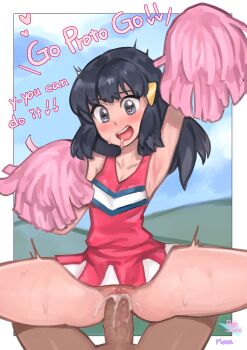 1boy 1girl absurdres arm_up armpits artist_self-insert ass bad_id bad_twitter_id bare_arms bare_legs bare_shoulders beanie blue_eyes blue_hair blue_sky breasts cheering cheerleader clitoral_hood clitoris clothes_lift cloud collarbone cowgirl_position cum cum_in_pussy dark-skinned_male dark_skin dawn_(pokemon) english_text erection facing_viewer hair_ornament happy_sex hat heart heart-shaped_pupils hetero highres huge_ass large_penis long_hair looking_at_another looking_at_viewer medium_breasts miniskirt moaning nintendo no_panties norza outdoors penis pokemon pokemon_(anime) pokemon_dppt_(anime) pom_pom_(cheerleading) presenting pussy saliva sex shiny_skin simple_background sitting sitting_on_person skirt skirt_lift sky sleeveless smile spread_legs straddling symbol-shaped_pupils thick_thighs thighs tongue tongue_out trembling uncensored veins veiny_penis watch wide_hips wristwatch