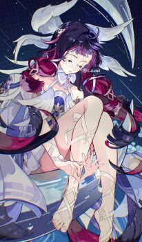1girl bare_shoulders barefoot black_hair blue_background bow c_cutai closed_eyes columbina_(genshin_impact) commentary_request crescent_moon dress eye_mask feathered_wings flower full_body genshin_impact hair_ornament hair_ribbon highres long_hair mask moon multicolored_hair pink_hair ribbon ribbon_around_foot see-through_clothes see-through_mask solo two-tone_hair watermark white_bow white_dress white_ribbon wing_hair_ornament wings