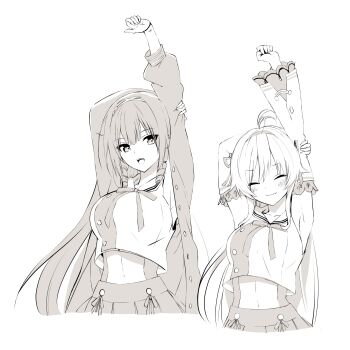 2girls absurdres antenna_hair arm_behind_head arm_up armpits arms_up assault_lily blush bracelet breasts buttons closed_eyes commentary_request covered_navel crop_top cropped_torso detached_sleeves drill_hair drill_sidelocks greyscale hair_ribbon hairband hand_on_own_arm highres hotaru_(ultraroly_poly) jacket jewelry kawakubo_orika large_breasts long_hair looking_at_viewer miyake_sae monochrome multiple_girls neck_ribbon official_art open_clothes open_jacket open_mouth outstretched_arm pleated_skirt ribbon school_uniform serafuku shirt sidelocks simple_background skirt sleeveless sleeveless_shirt smile standing stretching teeth undershirt upper_body upper_teeth_only v-shaped_eyebrows very_long_hair wavy_mouth white_background wide_sleeves