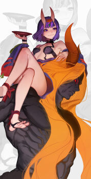 1boy 1girl absurdres alcohol bare_shoulders barefoot_sandals_(jewelry) blonde_hair bob_cut breasts commentary crossed_legs cup dark_skin dethmaid eyeliner fate/grand_order fate_(series) feet feet_out_of_frame glowing glowing_hair headpiece highres holding holding_cup horns japanese_clothes kimono long_hair makeup muscular nioh_2 no_shoes off_shoulder oni open_clothes open_kimono purple_eyes purple_hair purple_kimono red_eyes revealing_clothes sakazuki sake short_eyebrows short_hair shuten_douji_(fate) shuten_douji_(nioh) sitting sitting_on_shoulder size_difference skin-covered_horns small_breasts soles stirrup_legwear toeless_legwear toes very_long_hair