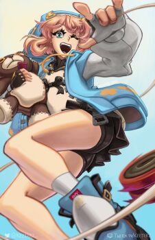 1boy 2023 androgyne_symbol androgynous aqua_eyes arc_system_works arm_up artist_name ass bare_legs beige_dress black_gloves black_shorts black_skirt blonde_hair blue_background blue_hoodie bridget_(guilty_gear) clenched_hand commentary curvy detached_collar dress english_commentary fingerless_gloves floating_clothes floating_hair foot_out_of_frame foreshortening from_below gloves gradient_background green_eyes guilty_gear guilty_gear_strive headdress highres holding holding_weapon hood hood_up hooded_jacket hoodie jacket keeterz legs_apart long_sleeves looking_at_viewer m/ male_focus midair motion_blur open_mouth perspective pleated_skirt puffy_long_sleeves puffy_sleeves roger_(guilty_gear) shiny_skin shorts simple_background skirt smile solo sound_effects spread_fingers stuffed_animal stuffed_toy teeth trap upper_teeth_only weapon wide_hips yo-yo