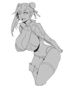 1girl american_flag american_flag_bikini american_flag_print bikini breasts bun_cover choker cleavage commentary_request elbow_gloves fate/grand_order fate_(series) fingerless_gloves flag_print flag_print_bikini gloves greyscale hair_bun hair_ribbon korean_commentary large_breasts long_hair long_sleeves looking_at_viewer minew miyamoto_musashi_(fate) miyamoto_musashi_(fate/grand_order) miyamoto_musashi_(swimsuit_berserker)_(fate) miyamoto_musashi_(swimsuit_berserker)_(second_ascension)_(fate) monochrome navel one_eye_closed open_mouth print_bikini ribbon shrug_(clothing) single_side_bun smile solo swept_bangs swimsuit thighhighs thighs