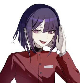 1boy asymmetrical_bangs buttons chinese_commentary colored_inner_hair commentary_request earclip fang gakuran hand_up high_collar jacket long_sleeves male_focus multicolored_hair open_mouth pink_eyes purple_hair rafag red_jacket school_uniform short_hair simple_background smile solo the_hundred_line_-last_defense_academy- tsukumo_ima two-tone_hair upper_body white_background white_hair