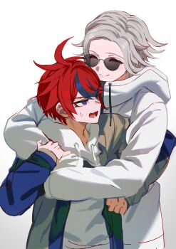 2boys absurdres aotsuki_eito blue_hair closed_eyes commentary_request fug_uai gradient_background highres hood hood_down hoodie hug jacket long_sleeves male_focus multicolored_hair multiple_boys open_clothes open_jacket open_mouth red_hair simple_background smile spiked_hair streaked_hair sumino_takumi sunglasses sweat the_hundred_line_-last_defense_academy- white_hoodie yaoi