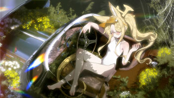 1girl absurdres bare_arms bare_legs bare_shoulders barefoot blonde_hair blue_archive breasts car cellphone closed_mouth commentary convertible covered_navel crossed_legs hair_over_one_eye highres holding holding_phone long_hair looking_at_viewer motor_vehicle nature official_alternate_costume official_alternate_hairstyle one-piece_swimsuit orange-tinted_eyewear phone pink_eyes revision seia_(blue_archive) seia_(swimsuit)_(blue_archive) side_ponytail sitting small_breasts smartphone solo steering_wheel sunglasses swimsuit tinted_eyewear visor_cap white_one-piece_swimsuit yoruhh