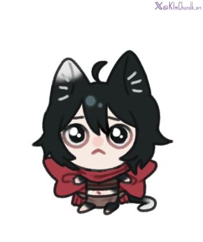 Rule 34 | 1girl, :<, ahoge, animal ear fluff, animal ears, artist name, black hair, cat ears, cat girl, cat tail, chibi, chibi only, dungeon meshi, full body, highres, izutsumi, kimchunsik, navel, pleading eyes, red scarf, scarf, short hair, simple background, sitting, solo, tail, twitter username, white background