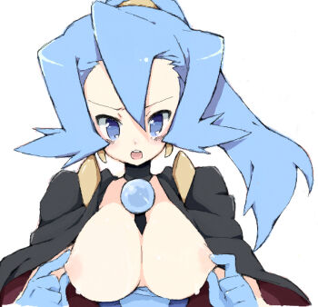 00s 1girl :o bare_arms blue_eyes blue_gloves blue_hair blush breasts breasts_out cape clair_(pokemon) earrings epaulettes female_focus gem gloves gym_leader hair_ornament high_ponytail jewelry large_breasts long_hair matching_hair/eyes nakamura_sandayo nintendo nipple_stimulation nipple_tweak nipples open_mouth pearl_(gemstone) pokemon pokemon_hgss ponytail simple_background solo sweat white_background