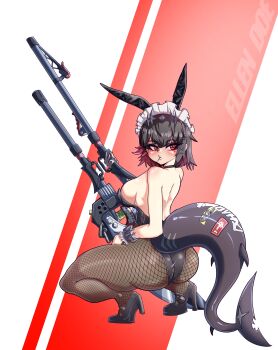 1girl absurdres animal_ears ass backless_leotard bare_back bare_shoulders black_choker black_hair black_leotard black_shoes breasts brown_pantyhose candy choker colored_inner_hair ellen_joe eyebrows eyelashes fake_animal_ears female_focus fingernails fins fish_tail food from_behind goddess_of_victory:_nikke high_heels highres holding holding_weapon large_breasts leotard lollipop looking_at_viewer looking_back maid maid_headdress mihoyo miyako.noh mole mole_under_eye multicolored_hair nail_polish pantyhose playboy_bunny rabbit_ears red_background red_eyes red_hair red_nails serious shark_girl shark_tail shoes short_hair sideboob simple_background solo squatting strapless strapless_leotard tail tiptoes two-tone_background two-tone_hair unconventional_maid variant_set weapon white_background zenless_zone_zero