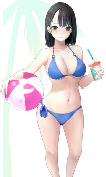 Rule 34 | 1girl, ball, beachball, bikini, black hair, blue bikini, breasts, brown eyes, commentary, drink, feet out of frame, highres, iwanishi, large breasts, looking at viewer, o-ring, o-ring bikini, o-ring top, original, palm tree, short hair, side-tie bikini bottom, solo, swimsuit, tree