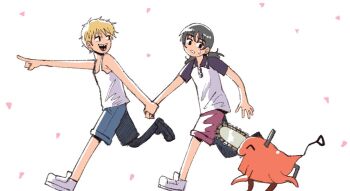 1boy 1girl black_hair blonde_hair chainsaw chainsaw_man child creature denji_(chainsaw_man) holding_hands mitaka_asa pet pochita_(chainsaw_man) pull_cord sharp_teeth teeth wanderjegson