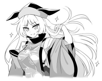 Rule 34 | 1girl, alpha transparency, arm up, black collar, black hat, black trim, breasts, collar, commentary, commentary request, detached sleeves, floating hair, geometric pattern, grey eyes, grey hair, grey tabard, greyscale, grin, hat, holding, holding own hair, large breasts, long hair, long sleeves, matara okina, monochrome, muchin jousha, parted bangs, sideboob, smile, sparkle, symbol-only commentary, tabard, touhou, transparent background, two-tone hat, upper body, white hair, wide sleeves