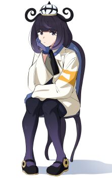 1girl absurdres black_hair black_shoes blunt_bangs chair closed_mouth coat eyelashes gloves gradient_hair gwynn_(pokemon) highres long_sleeves looking_at_viewer multicolored_hair nintendo on_chair pantyhose pokemon pokemon_legends:_z-a purple_eyes purple_hair shoes short_hair sitting solo uchuu_no_mozuku white_background white_coat wide_sleeves