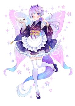 Rule 34 | 1girl, :p, absurdres, animal ears, blush, butterfly wings, commentary request, commission, dragon, dragon ears, dragon girl, dragon horns, dragon tail, dragon wings, dress, dumpling, fairy, fairy wings, fantasy, fins, flat chest, food, food on face, happy, head fins, highres, holding, holding food, horns, insect wings, japanese clothes, kimono dress, laffy (oc), looking at viewer, maid, original, petite, pixiv commission, purple eyes, purple hair, purple ribbon, ribbon, sanshichi fu, shoes, short hair, simple background, smile, solo, standing, tail, thighhighs, tongue, tongue out, transparent background, wa maid, waitress, western dragon, wings, zettai ryouiki