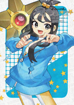 1girl :d black_hair blue_hoodie choker commentary_request cube_hair_ornament gen_1_pokemon grey_eyes hair_ornament hands_up happy hood hood_down hoodie leggings lida_(pokemon) long_hair nintendo open_mouth pokemon pokemon_(creature) pokemon_legends:_z-a print_shirt shirt sidelocks smile staryu tongue topknot watermark white_choker yamanashi_taiki