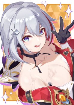 1girl absurdres black_choker black_gloves blue_eyes border breasts choker cjkpsea cleavage commentary_request from_above gloves highres honkai:_star_rail honkai_(series) jacket large_breasts looking_at_viewer multicolored_hair numby_(honkai:_star_rail) open_mouth orange_background red_hair red_jacket short_hair solo topaz_(honkai:_star_rail) trotter_(honkai:_star_rail) two-tone_hair w white_border white_hair