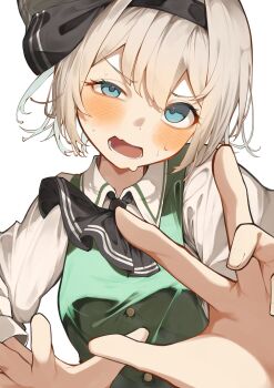 1girl ascot black_ascot black_hairband blue_eyes blush collared_shirt commentary_request green_vest grey_hair hairband hands_up highres konpaku_youmu long_sleeves looking_at_viewer lower_teeth_only open_mouth potato_(comicomi0211) shirt short_hair simple_background sleeve_cuffs solo sweatdrop teeth touhou upper_body vest w white_background white_shirt