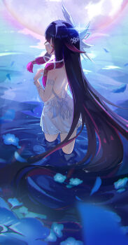 Rule 34 | 1girl, absurdres, angel wings, bare back, bare shoulders, black hair, blue flower, blurry, blurry foreground, bow, colored inner hair, columbina (genshin impact), commentary request, dress, dress bow, eye mask, feathered wings, floating hair, flower, from behind, full moon, genshin impact, gradient hair, hair ornament, hair ribbon, highres, long hair, mask, moon, multicolored hair, multiple wings, nemui jinrui, parted lips, purple hair, ribbon, see-through clothes, see-through mask, solo, two-tone hair, very long hair, wading, white bow, white dress, white mask, white ribbon, white wings, wing hair ornament, wings, x-shaped eyewear, x hair ornament