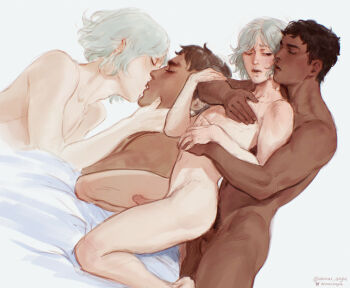 2boys annas_anya bed_sheet black_eyes black_hair bluesky_logo bluesky_username blush brown_hair closed_eyes commentary completely_nude dark-skinned_male dark_skin dungeon_meshi english_commentary erection from_behind highres kabru kiss kneeling legs lips male_focus male_pubic_hair mithrun multiple_boys muscular muscular_male navel nude on_bed penis pubic_hair sex short_hair simple_background stomach twitter_username white_background