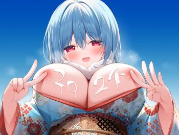 1girl 2024 blue_hair blue_kimono blue_sky blush body_writing breasts breasts_out commentary_request covering_nipples covering_privates day double-parted_bangs fingernails floral_print floral_print_kimono from_below hair_between_eyes hands_up highres hisagi_(puchimaple) hoshino_supika huge_breasts japanese_clothes kimono long_bangs looking_at_viewer looking_down masquerade_channel new_year nipple_slip nipples obi open_mouth outdoors print_kimono red_eyes sash scarf sky smile solo steam steaming_body upper_body v virtual_youtuber white_scarf