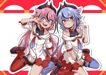 2others a.i._voice absurdres asymmetrical_legwear bare_shoulders belt beret black_dress black_horns black_shoes black_shorts black_streaks blue_eyes blue_hair blue_nails blue_pantyhose blue_ribbon blue_socks buttons closed_mouth double-breasted double-parted_bangs dress duther_altyn fangs flower gradient_hair gradient_necktie gynoid_talk hat headset highres horned_hat horns layered_dress long_hair looking_to_the_side low_ponytail low_twintails meika_hime meika_mikoto multicolored_hair multicolored_nails multiple_others nail_polish necktie open_mouth pantyhose pink_eyes pink_hair pleated_dress plum_blossoms ponytail puffy_sleeves red_background red_hat red_nails red_necktie red_pantyhose red_ribbon red_socks ribbon sailor_collar shoes short_eyebrows shorts shorts_under_dress sidelocks single_leg_pantyhose single_loose_sock sitting smile socks streaked_hair thick_eyebrows thigh_belt thigh_strap three-quarter_sleeves twintails two-sided_dress two-sided_fabric v v_over_eye very_long_hair wariza white_background white_dress wrist_ribbon