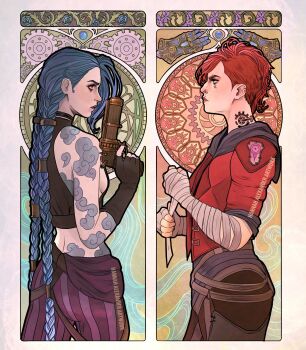 2girls arcane:_league_of_legends arcane_jinx arcane_vi arm_tattoo arm_wrap art_deco artist_name black_gloves blue_hair braid breasts cloud_tattoo commentary cowboy_shot fingerless_gloves from_side gauntlets gears gloves gun hannahartwork highres holding holding_gun holding_weapon jinx_(league_of_legends) league_of_legends multiple_girls pants profile red_hair shoulder_tattoo siblings sideboob sisters split_screen striped_clothes striped_pants tattoo twin_braids vi_(league_of_legends) weapon