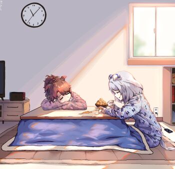 Rule 34 | 2girls, absurdres, ahoge, animal ears, blue pants, blue shirt, breasts, brown hair, cellphone, charging device, checkered ribbon, clock, closed eyes, closed mouth, commentary request, dantsu flame (umamusume), ear covers, eating, electrical outlet, food, fruit, grey hair, grey pajamas, hair between eyes, hairband, highres, hishi miracle (umamusume), horse ears, horse girl, horse tail, indoors, kanran (k han ran), kotatsu, long sleeves, mandarin orange, multicolored hair, multiple girls, nintendo switch, orange (fruit), orange peel, orange slice, pajamas, pants, phone, pink hairband, pink pajamas, pink shirt, print pajamas, print pants, print shirt, shirt, smartphone, table, tail, television, umamusume, under kotatsu, under table, white hair