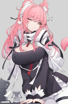 1girl absurdres animal_ears arknights black_dress blush breasts cleavage closed_mouth coffee_pot cowboy_shot cropped_jacket dress earrings extra_ears flying_sweatdrops frilled_dress frills grey_background hairband highres jacket jewelry juejue_174 large_breasts long_hair long_sleeves looking_at_viewer official_alternate_costume open_clothes open_jacket pantyhose pink_eyes pink_hair pozyomka_(arknights) pozyomka_(snowy_plains_in_words)_(arknights) simple_background solo tail thigh_gap thigh_strap very_long_hair white_hairband white_jacket white_pantyhose wolf_ears wolf_girl wolf_tail