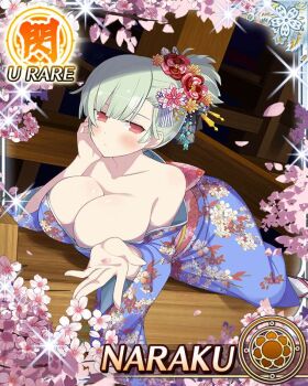 1girl alternate_hairstyle blue_kimono blush border breasts character_name cherry_blossoms cleavage closed_mouth dot_mouth falling_petals floral_print floral_print_kimono flower folded_ponytail game_cg green_hair hair_flower hair_ornament hand_on_own_face japanese_clothes kanzashi kimono large_breasts looking_at_viewer low_neckline lying medium_hair naraku_(senran_kagura) official_art on_stomach petals pink_eyes print_kimono rafters senran_kagura senran_kagura_new_wave solo third-party_source