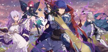 2boys 2girls absurdres aura blue_hair book butterfly_wings commentary commission fairy fire_emblem fire_emblem:_genealogy_of_the_holy_war fire_emblem:_radiant_dawn fire_emblem_fates fire_emblem_heroes headband highres holding holding_book holding_sword holding_weapon ike_(fire_emblem) ike_(zeal_unleashed)_(fire_emblem) insect_wings julia_(fire_emblem) julia_(heart_usurped)_(fire_emblem) long_hair male_corrin_(bloodbound_beast)_(fire_emblem) male_corrin_(fire_emblem) multiple_boys multiple_girls nintendo pointy_ears purple_hair red_eyes second-party_source short_hair skeb_commission sword triandra_(fire_emblem) weapon wings yuuri_(orz_commushows)