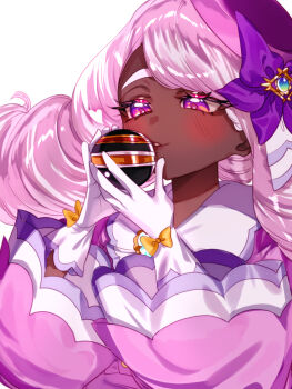 1girl blush bow commentary_request dark-skinned_female dark_skin dress fascinator frills glove_bow gloves godouyu_(neisukun) highres holding holding_poke_ball jacinthe_(pokemon) long_hair long_sleeves luxury_ball mega_stone nintendo parted_lips poke_ball pokemon pokemon_legends:_z-a puffy_sleeves purple_dress purple_eyes purple_hair simple_background smile solo upper_body very_dark_skin white_background white_gloves