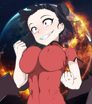1girl artist_request bat_wings black_hair breasts burning chinese_clothes clenched_hands corona-chan coronavirus double_bun dress earth_(planet) fangs female_focus grin hair_bun hands_up large_breasts original planet red_eyes short_hair smile solo space upper_body wings