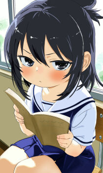 1girl absurdres black_hair book child classroom commentary english_commentary hair_between_eyes hair_bun highres marui_hitoha medium_hair mitsudomoe_(manga) perunodesu pleated_skirt pout reading skirt