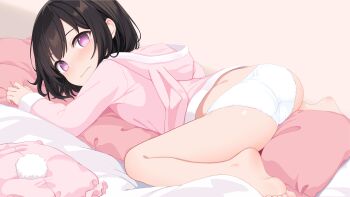 1girl absurdres ass barefoot black_hair blush commentary_request crotch_rub fake_tail feet female_masturbation highres hood humping legs loli lying masturbation no_pants on_stomach original pajamas panties pillow pillow_humping pillow_straddling pink_eyes pink_pajamas pink_shirt pink_shorts rabbit_tail shirt short_hair shorts soles solo straddling tail thighs toes underwear unworn_shorts watapan_club white_panties