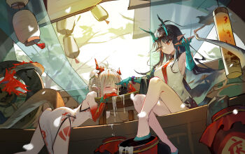 2girls absurdres alcohol arknights barefoot black_hair chinese_clothes closed_eyes cup curtains drunk dusk_(arknights) highres horns lantern moon_(jiangxiang_ai_chizhaji) multiple_girls nian_(arknights) nian_(unfettered_freedom)_(arknights) red_eyes sakazuki sake sitting tail white_hair