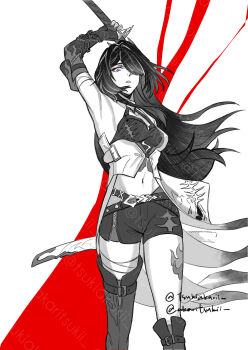 1girl acheron_(honkai:_star_rail) akaritsukii asymmetrical_legwear bandages belt_buckle breasts buckle commentary detached_sleeves english_commentary greyscale hair_over_one_eye highres holding holding_weapon honkai:_star_rail honkai_(series) jacket leg_tattoo long_hair midriff monochrome navel open_clothes open_jacket scabbard sheath shorts single_detached_sleeve tattoo thighs weapon