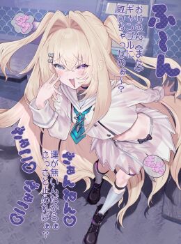 1girl :3 absurdres aqua_neckerchief blonde_hair blue_eyes blush commentary_request cropped_shirt full_body grey_socks hair_intakes hand_up heart heart-shaped_pupils heterochromia highres indoors kneehighs leaning_forward long_hair long_sleeves looking_at_viewer mementovanitas midriff miniskirt neckerchief open_mouth purple_eyes riot_music see-through_clothes see-through_silhouette see-through_skirt shirogami_seisho skirt smug socks solo standing symbol-shaped_pupils table translation_request two_side_up very_long_hair virtual_youtuber zako_(phrase)