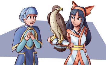 Rule 34 | 2girls, ainu clothes, black eyes, blue hair, breasts, closed eyes, dress, fingerless gloves, fire emblem, gloves, hair ribbon, highres, large breasts, legs, long hair, mamahaha, marianne von edmund, multiple girls, nakoruru, nintendo, open mouth, own hands together, pants, ribbon, samurai spirits, small breasts, smile, snk, the king of fighters, the king of fighters xv, thighs