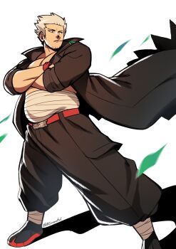 1boy baggy_pants bara belly character_request coat commission crossed_arms from_below full_body highres humanization large_pectorals looking_to_the_side male_focus mature_male midriff_sarashi mouth_hold muscular muscular_male nifast_(greentail) nintendo open_clothes open_coat pants pectoral_cleavage pectorals plump pokemon sarashi short_hair solo sparse_stubble stalk_in_mouth standing