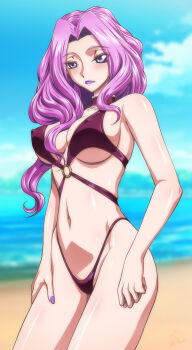 1girl beach bikini breasts code_geass cornelia_li_britannia covered_erect_nipples highres large_breasts long_hair nail_polish navel ocean solo swimsuit