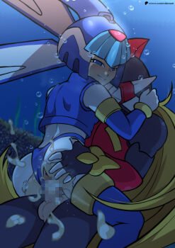1boy 1girl android ass censored cum cum_in_pussy ervilderwelt fairy_leviathan_(mega_man) helmet highres mega_man_(series) mega_man_zero_(series) robot robot_girl sex underwater_sex zero_(mega_man)