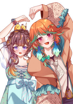 2girls :d absurdres alternate_hairstyle anya_melfissa anya_melfissa_(indonesian_casual) blonde_streaks blouse blunt_bangs bow bracelet braid brown_hair brown_shirt colored_inner_hair commentary_request cosplay costume_switch crown_braid cyanzan dirndl double-parted_bangs dress earrings feather_earrings feathers floral_print floral_print_dress flower_bracelet german_clothes gradient_hair green_bow green_streaks hair_bow hairstyle_switch heart_arms heart_arms_duo highres hololive hololive_english hololive_indonesia hood hooded_jacket jacket jewelry kfp_employee_(takanashi_kiara) kris_hair_ornament looking_at_viewer medium_hair melfriend_(anya_melfissa) multicolored_hair multiple_girls necktie on_head open_mouth orange_bow orange_hair orange_jacket pinafore_dress print_dress print_jacket purple_eyes red_eyes shirt short_hair short_sleeves side_braid simple_background sleeveless sleeveless_dress smile streaked_hair takanashi_kiara takanashi_kiara_(dirndl) two-tone_hair virtual_youtuber white_background wolf_cut