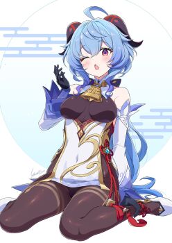 1girl ahoge artist_name bare_shoulders bell black_gloves black_leotard black_pantyhose blue_hair blush bow breasts commentary_request detached_sleeves ganyu_(genshin_impact) genshin_impact gloves gold_trim highres horns jewelry kamuraaa_615 leotard leotard_under_clothes long_hair low_ponytail medium_breasts neck_bell one_eye_closed open_mouth pantyhose ponytail purple_eyes sidelocks sitting solo tassel thighlet thighs vision_(genshin_impact) wariza white_sleeves