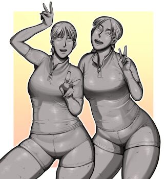 Rule 34 | 2girls, breasts, colored eyelashes, colored sclera, colored skin, contrapposto, cowboy shot, cracked skin, double-parted bangs, double v, exhatomi, grey sclera, grey shirt, grey skin, half-closed eyes, hand over head, head tilt, highres, legs apart, low ponytail, multiple girls, no irises, no pupils, open mouth, original, petrification, ponytail, pupiless eyes, shirt, short hair, shorts, skindentation, smile, solid eyes, statue, stone skin, teeth, transformation, upper teeth only, v