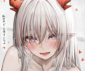 1girl arknights blush collarbone commentary_request grey_hair highres horns looking_at_viewer multicolored_hair nian_(arknights) nude open_mouth pink_eyes red_hair red_horns solo tab_head translation_request two-tone_hair upper_body