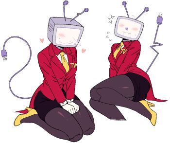 1girl :3 ^^^ ant_tenna black_pantyhose black_skirt blush cable cable_tail closed_mouth clothed_robot collared_shirt commentary crt deltarune electric_plug electric_plug_tail english_commentary expressive_tail fang flying_sweatdrops genderswap genderswap_(mtf) gloves heart high_heels highres humanoid_robot long_nose mechanical_tail multiple_views necktie object_head open_mouth pantyhose pencil_skirt pointy_nose purple_tail radio_antenna robot shirt shoes simple_background skin_fang skirt surprised sweatdrop tail tailcoat utdr_(toby_fox) wav3rr white_background white_gloves white_shirt yellow_necktie yellow_shoes