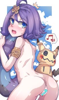 1girl 2020 acerola_(pokemon) animal_ears anus artist_name ass blue_eyes blush breasts censored completely_nude dated eko._(yzcheneko) female_focus gen_7_pokemon heart heart_censor highres innertube loli looking_at_viewer mimikyu musical_note nintendo nipples nude open_mouth pokemon pokemon_(creature) pokemon_sm purple_hair pussy small_breasts sweatdrop swim_ring tail