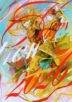 1_22sssam 2026 2boys arm_warmers blonde_hair brown_pants cape commentary cowboy_hat english_commentary facial_hair goggles goggles_on_headwear grin gyro_zeppeli happy_new_year hat highres holding holding_reins hood hood_down hoodie horse horseback_riding horseshoe_hat_ornament horseshoe_ornament johnny_joestar jojo_no_kimyou_na_bouken long_hair looking_at_viewer male_focus medium_hair multiple_boys new_year pants purple_mask red_hat reins riding short_sleeves smile spurs steel_ball_(jojo) steel_ball_run teeth valkyrie_(jojo) yellow_cape yellow_hat yellow_hoodie